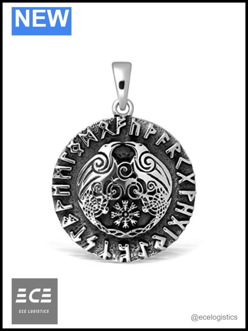 925 Sterling Silver Ravens Pendant Norse Viking Runes Necklace
